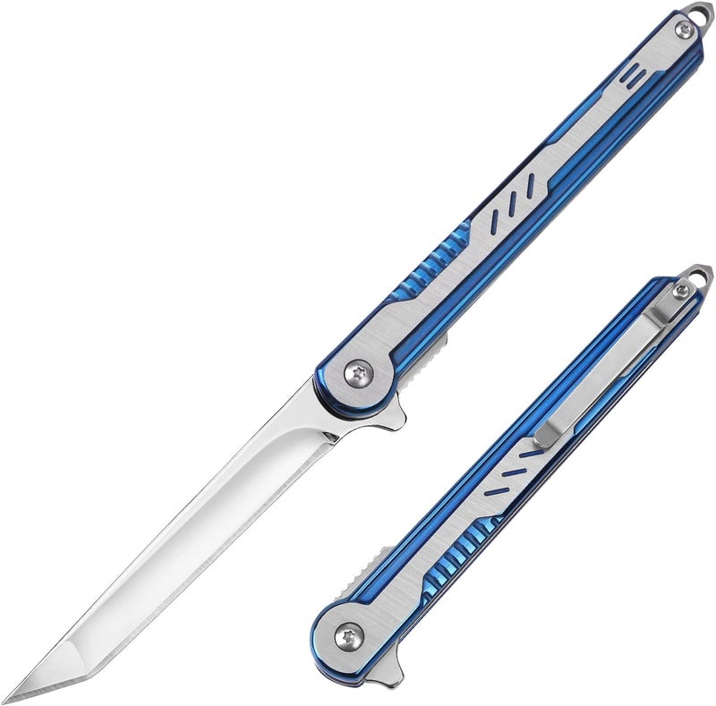FUNBRO EDC Pocket Knife for Womens, Tanto Folding Knives with 7CR13Mov Stainless Steel Blade, Cool Survival Knife with Clip, Window Breaker, Flipper Open and Liner Lock for Outdoor Camping (Blue) - Image 1